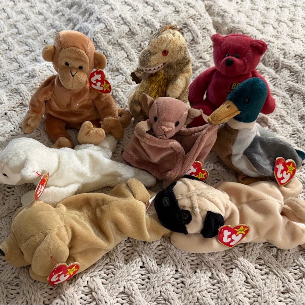 Ty Beanie Babies Plush Toys -lot Of 8 & 1 Rice Lim. Trea.49ers. 1995-97 &2002